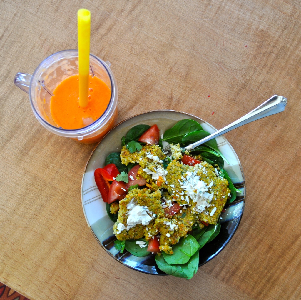quinoa falafels over greens & carrot-orange-ginger juice