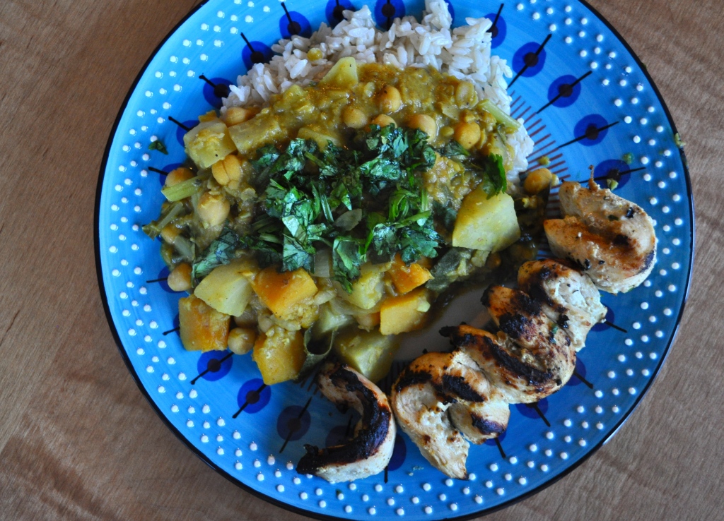 kohlrabi & lentil curry with tandoori grilled chicken